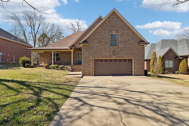 traditional home featuring an attached garage, covered porch, brick siding, concrete driveway, and a front lawn