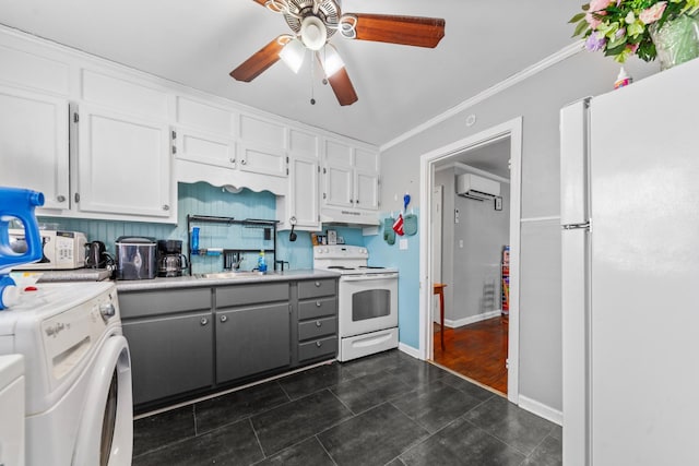 kitchen with white appliances, white cabinets, ornamental molding, light countertops, and a sink