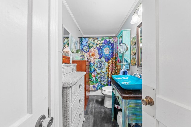 bathroom with ornamental molding, vanity, and toilet