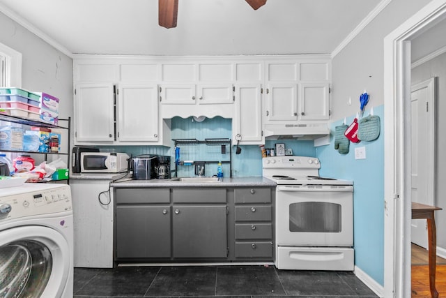 kitchen featuring light countertops, white cabinets, washer / dryer, white appliances, and under cabinet range hood