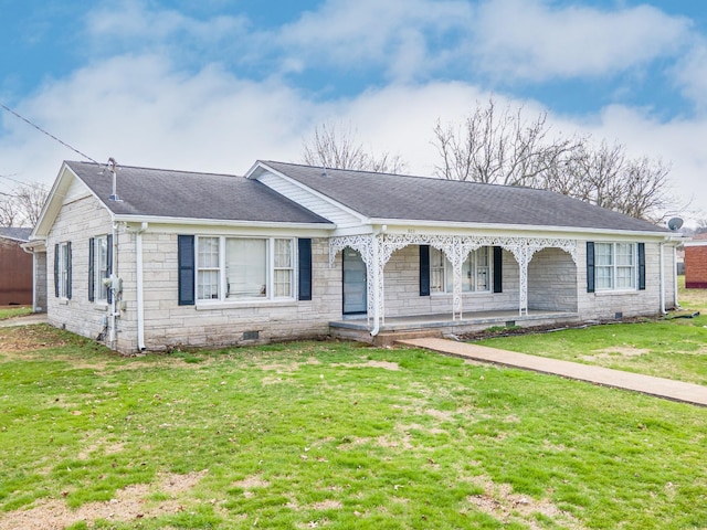 ranch-style home with a shingled roof, covered porch, crawl space, stone siding, and a front lawn