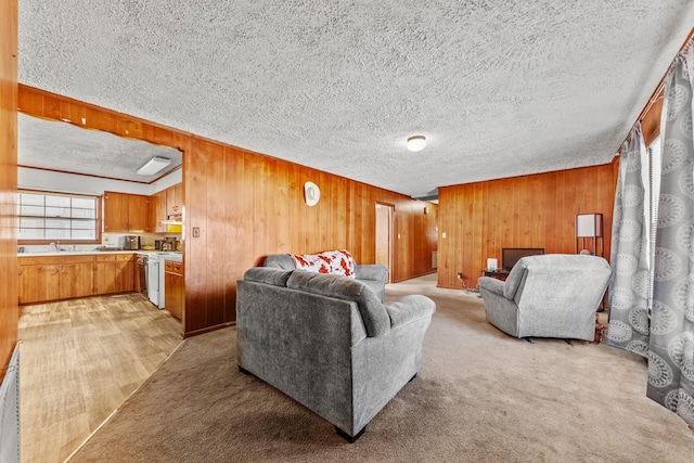 living area with light carpet, a textured ceiling, and wooden walls