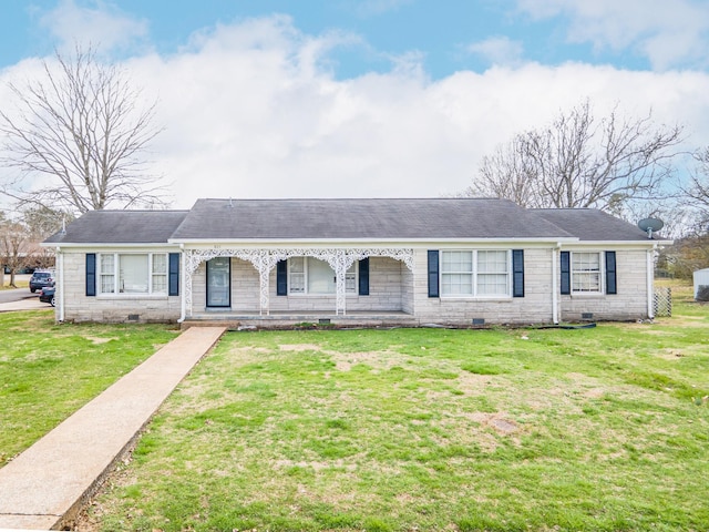 view of front of house with a front yard, crawl space, and roof with shingles