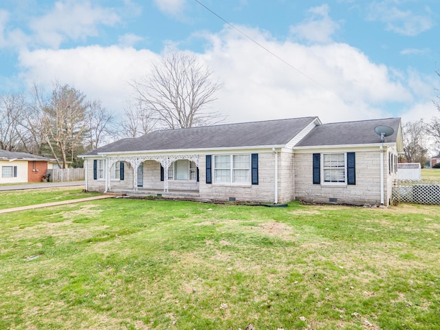 single story home with a front lawn, crawl space, a shingled roof, and fence