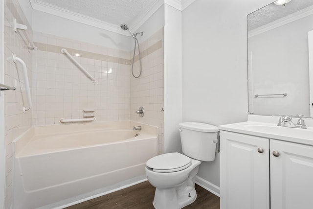 bathroom with a textured ceiling, shower / bathing tub combination, and wood finished floors