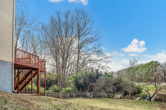 view of yard featuring a fenced backyard, stairway, and a wooden deck