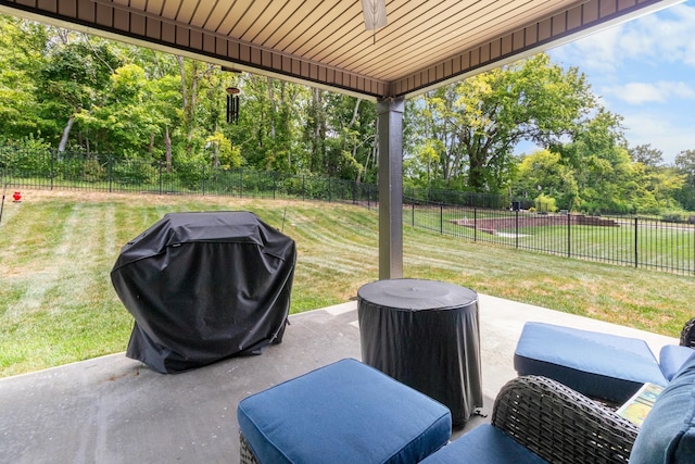 view of patio featuring a fenced backyard and grilling area