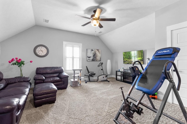 workout room featuring a ceiling fan, carpet, visible vents, and vaulted ceiling