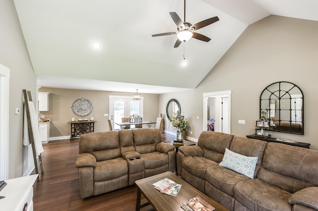 living room with baseboards, dark wood finished floors, ceiling fan, high vaulted ceiling, and recessed lighting