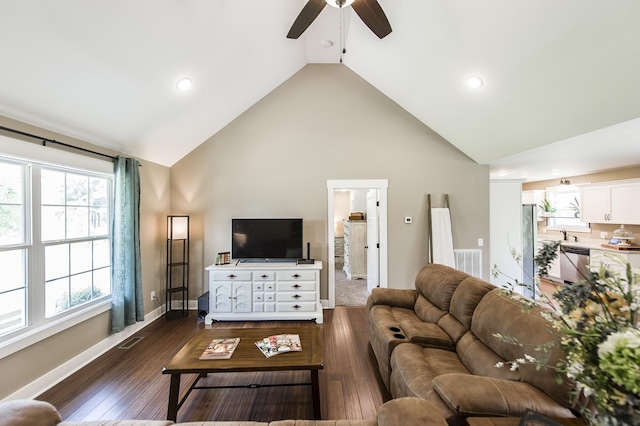 living room featuring high vaulted ceiling, visible vents, and dark wood finished floors