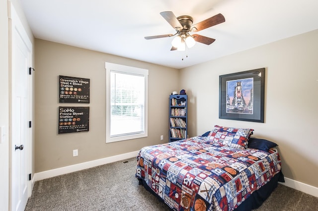 bedroom featuring visible vents, dark carpet, baseboards, and ceiling fan