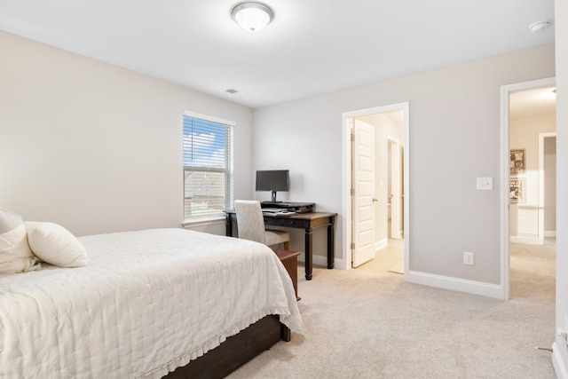 bedroom with visible vents, baseboards, and light colored carpet