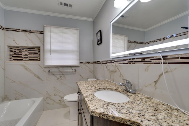 full bath featuring toilet, tile walls, vanity, visible vents, and crown molding