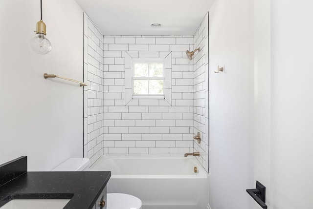 full bath with tub / shower combination, vanity, and toilet