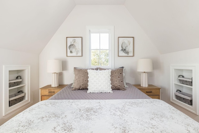 bedroom with lofted ceiling