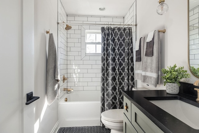 full bath with vanity, tile patterned flooring, toilet, and shower / bathtub combination with curtain