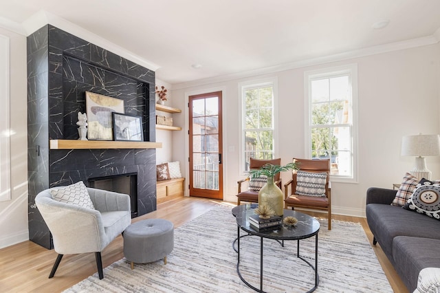 living room featuring baseboards, a premium fireplace, ornamental molding, and wood finished floors