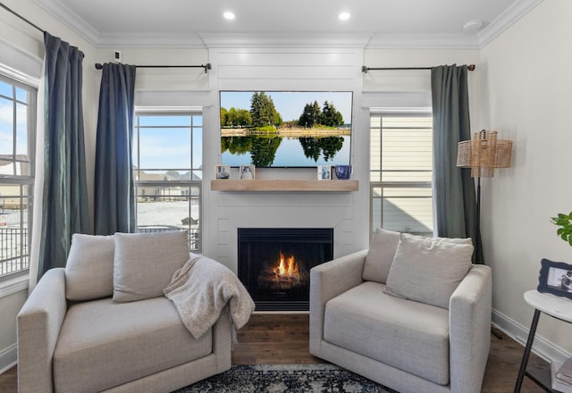 living area featuring wood finished floors, a warm lit fireplace, ornamental molding, baseboards, and recessed lighting