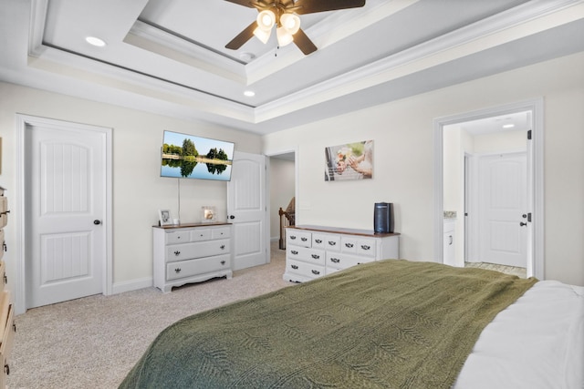 carpeted bedroom featuring recessed lighting, a raised ceiling, baseboards, and ceiling fan