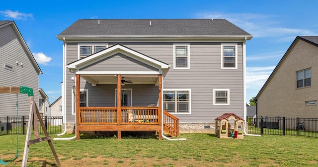 back of property with ceiling fan, a deck, and crawl space