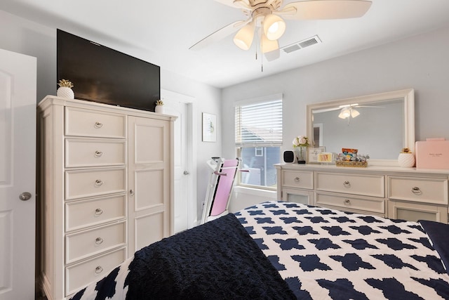 bedroom featuring a ceiling fan and visible vents