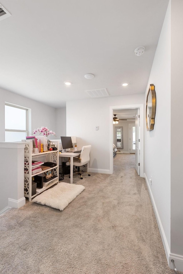 office area with baseboards, recessed lighting, visible vents, and light colored carpet