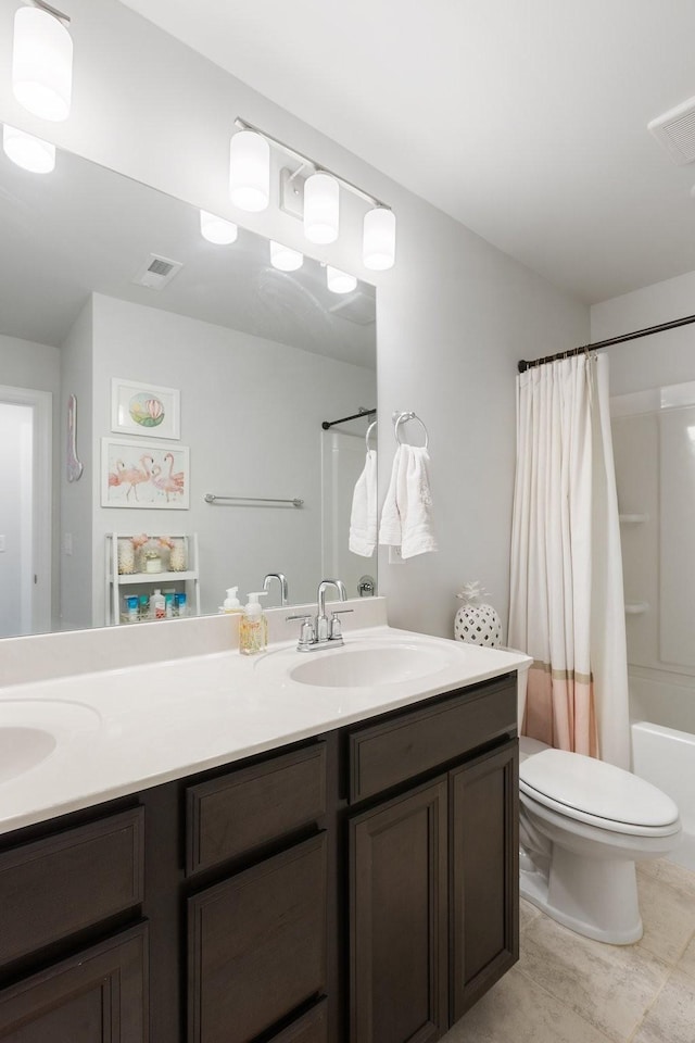 bathroom with double vanity, shower / bath combination with curtain, visible vents, toilet, and a sink