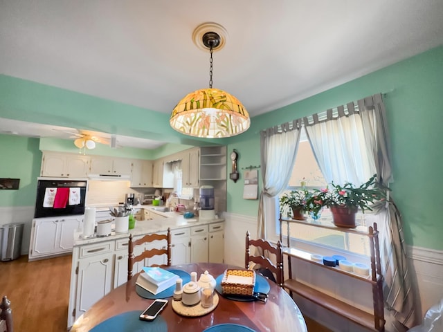 dining space featuring ceiling fan, a wealth of natural light, and wood finished floors