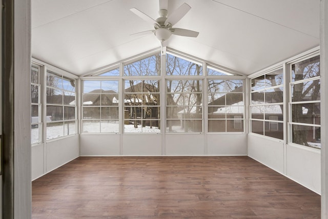 unfurnished sunroom featuring ceiling fan and vaulted ceiling