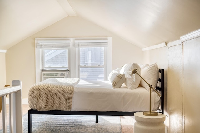 bedroom featuring cooling unit and vaulted ceiling