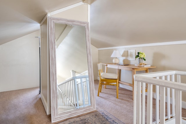 interior space featuring a nursery area and vaulted ceiling