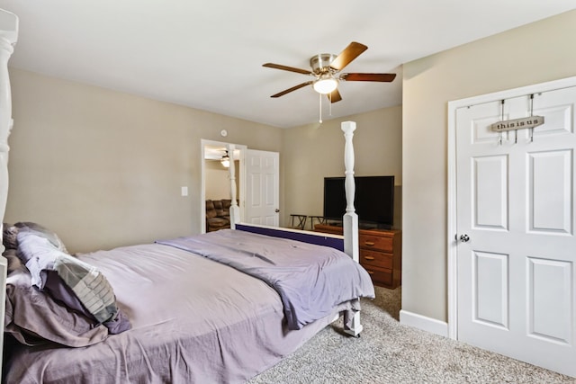 bedroom featuring carpet, a ceiling fan, and baseboards