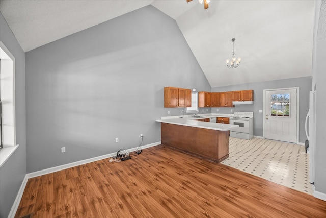 kitchen with under cabinet range hood, a peninsula, electric range, light countertops, and brown cabinetry