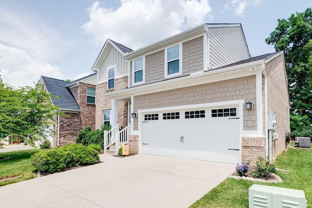 view of front facade featuring brick siding, concrete driveway, board and batten siding, a garage, and cooling unit