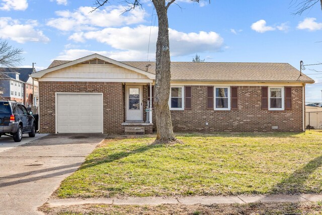 ranch-style house featuring an attached garage, brick siding, driveway, crawl space, and a front yard