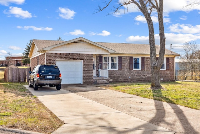 single story home with concrete driveway, brick siding, fence, and an attached garage