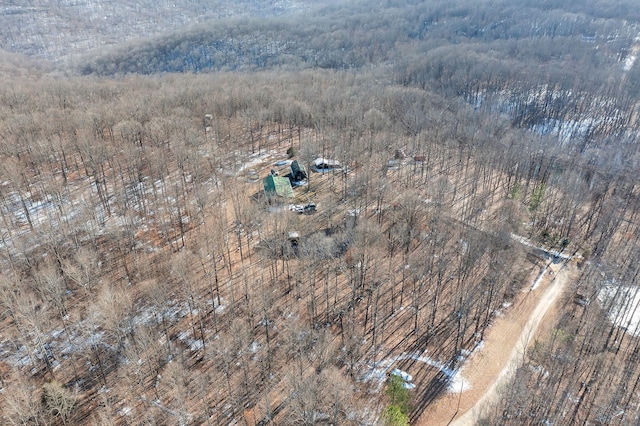 aerial view featuring a wooded view