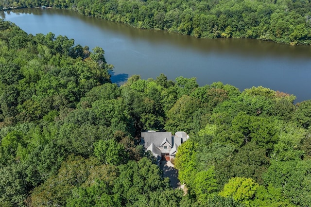 bird's eye view with a water view and a wooded view