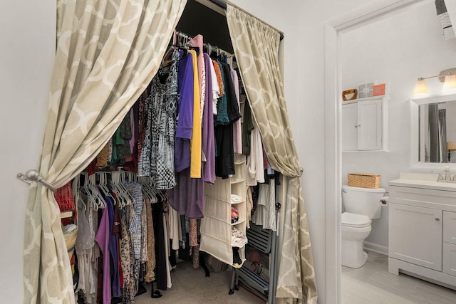 interior space with toilet, a spacious closet, vanity, and baseboards