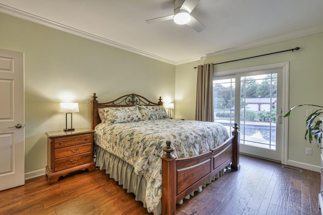 bedroom with access to outside, visible vents, ornamental molding, and dark wood-type flooring