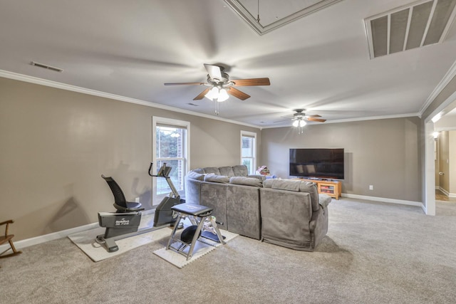 carpeted living area featuring attic access, visible vents, crown molding, and baseboards