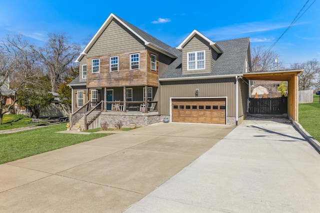 view of front facade with a porch, driveway, and a front lawn