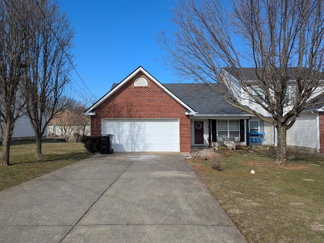 view of front facade featuring an attached garage, covered porch, brick siding, driveway, and a front lawn