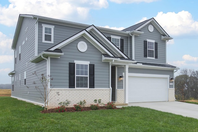 traditional home with an attached garage, brick siding, driveway, and a front lawn