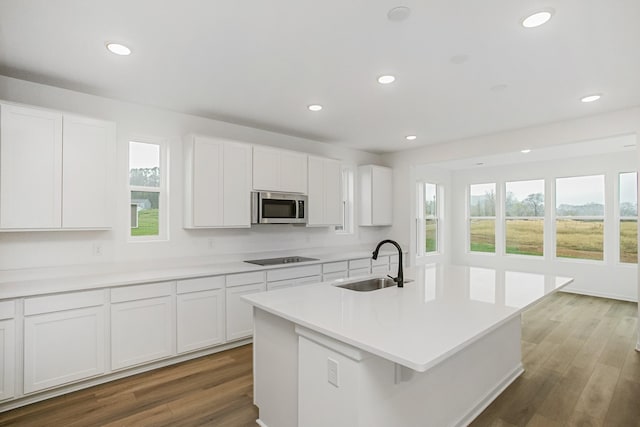 kitchen with light countertops, stainless steel microwave, white cabinetry, a sink, and an island with sink