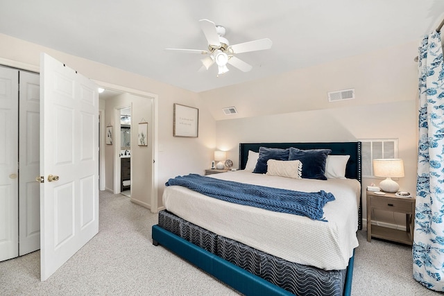 bedroom with lofted ceiling, ceiling fan, and visible vents