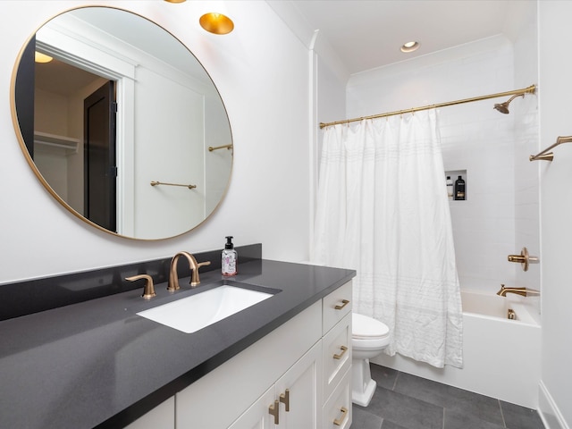 full bath with toilet, tile patterned floors, shower / bathtub combination with curtain, vanity, and recessed lighting