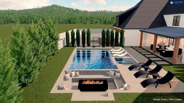 pool with an outdoor fire pit, fence, a wooded view, and a patio