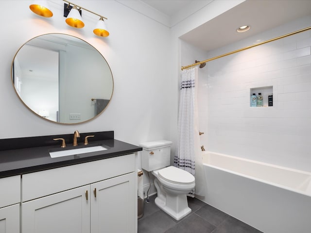 full bathroom featuring shower / bath combo, tile patterned flooring, vanity, and toilet