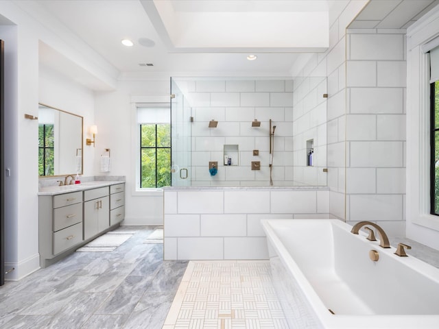 full bathroom featuring recessed lighting, visible vents, vanity, a freestanding bath, and a shower stall